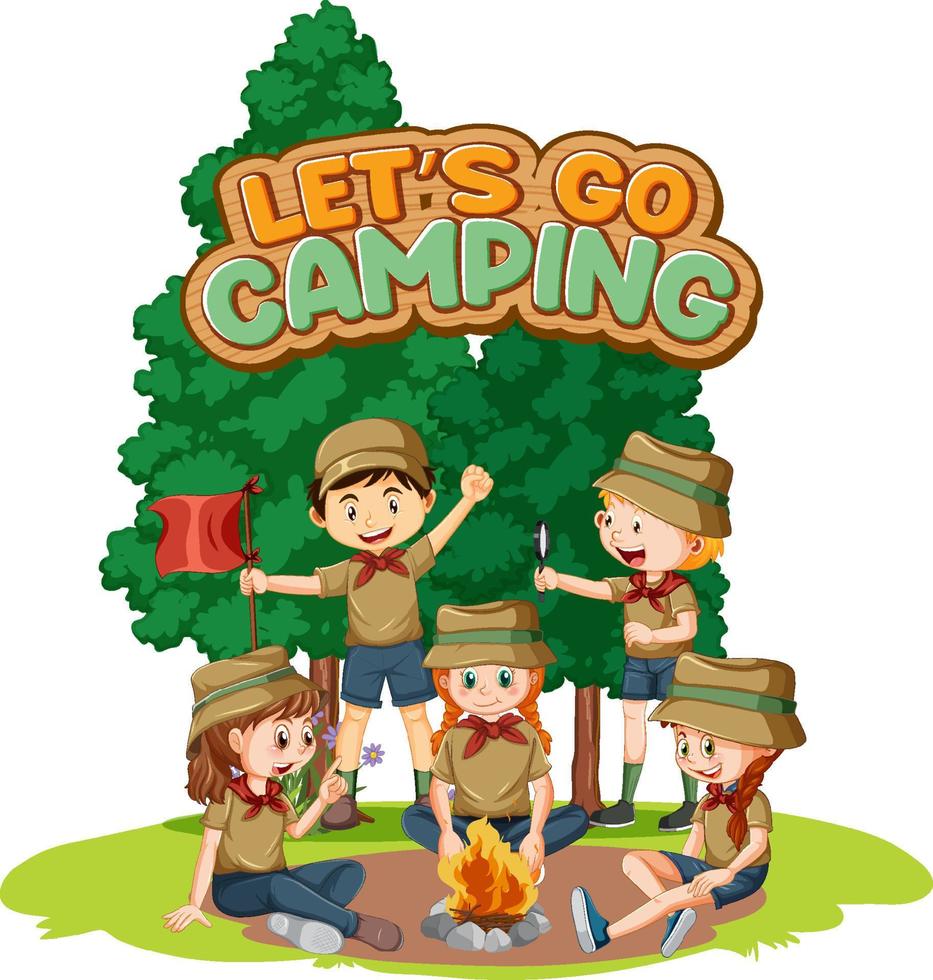 Campingkinder und Textdesign für das Wort Let's Go Camping vektor