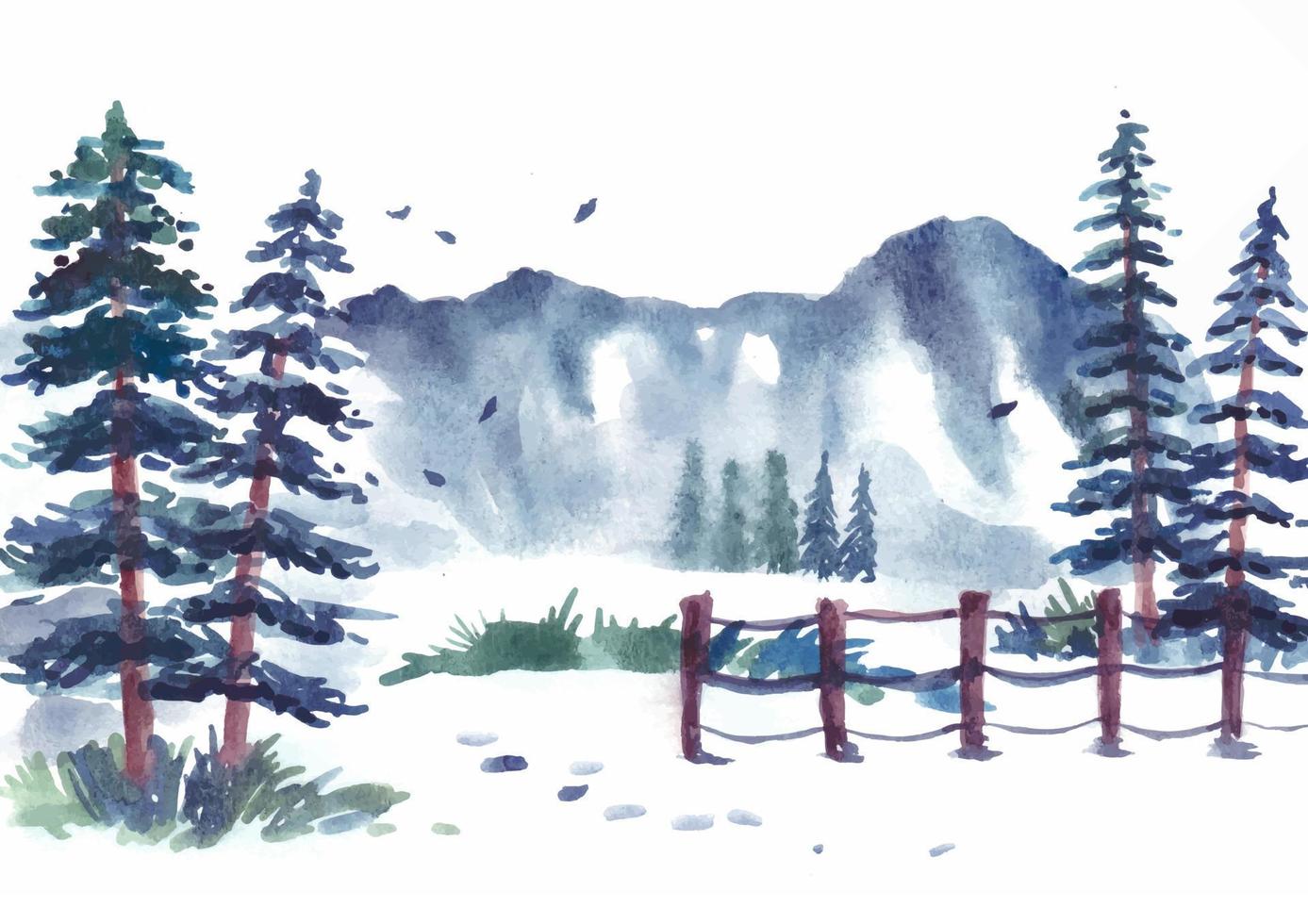 winterlandschaft mit gartenzaun aquarell vektor