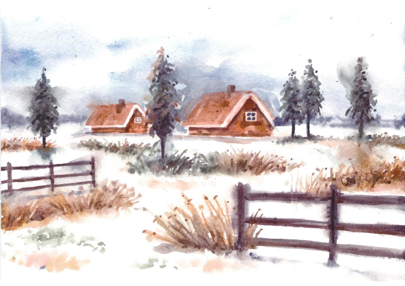 winterlandschaft mit haus- und kiefernaquarell vektor