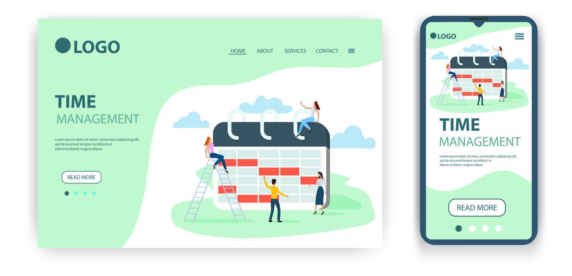 tid förvaltning och calendar.template för de användare gränssnitt av de webbplatsens Hem page.landing sida mall.den adaptiv design av de smartphone.vector illustration. vektor