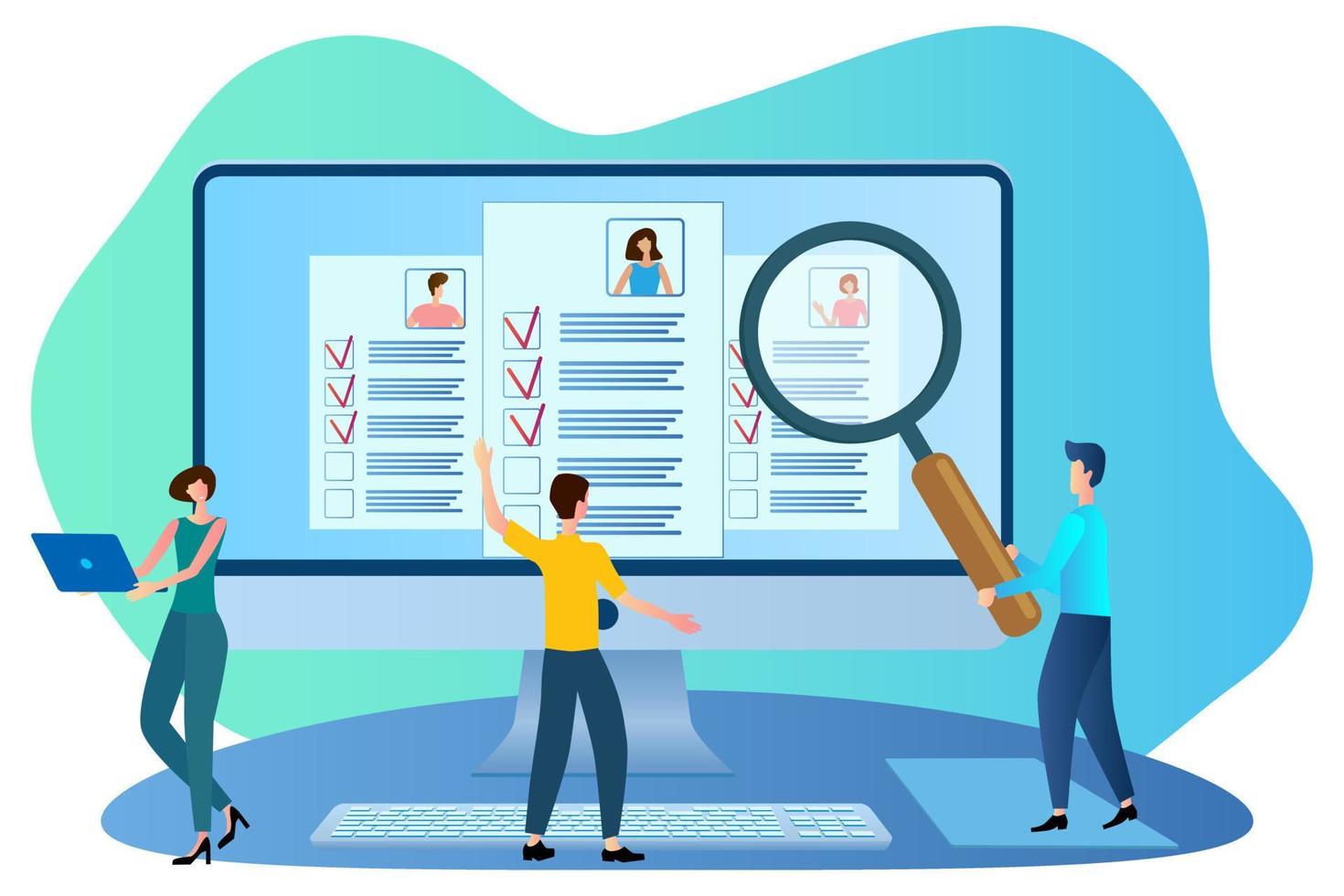 einstellung.einstellungsagentur.leute verwenden computer, um kandidatenprofile zu studieren.flache vektorillustration. vektor