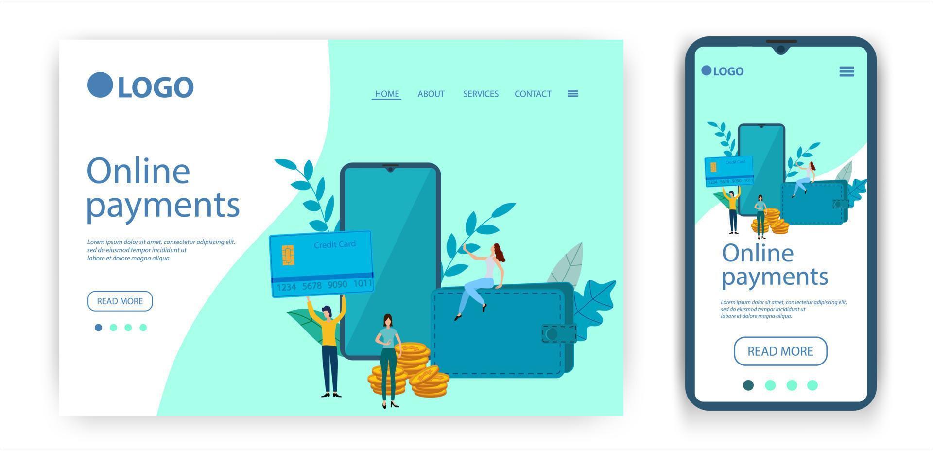 Landing Page Design Webseite Online-Zahlungen. das konzept einer flachen vektorillustration für die website-entwicklung mit adaptivem design für mobile anwendungen. vektor