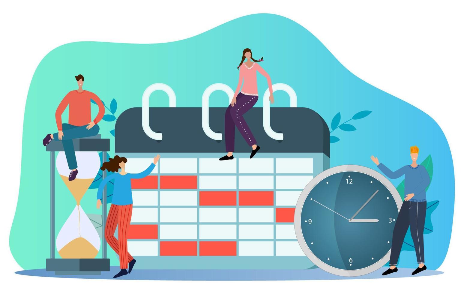 en grupp av affärsmän nära de timglas kronometer och kalender.den begrepp av sparande tid, planera de tid använt på jobb.du kan använda sig av den för en baner, affisch, eller webb webbplats. vektor