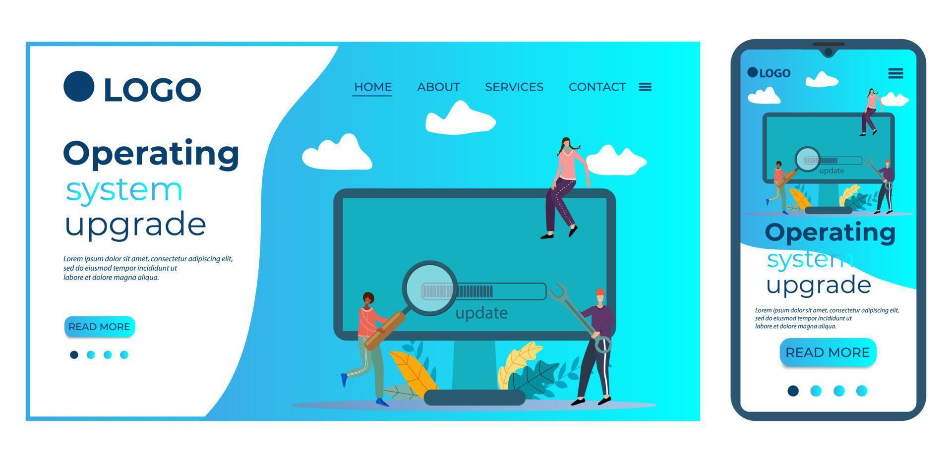Betriebssystem-Upgrade.Menschen in der Nähe des Computers.Vorlage für die Benutzeroberfläche der Homepage der Website.Zielseitenvorlage.Das adaptive Design des Smartphones.Vektorillustration. vektor