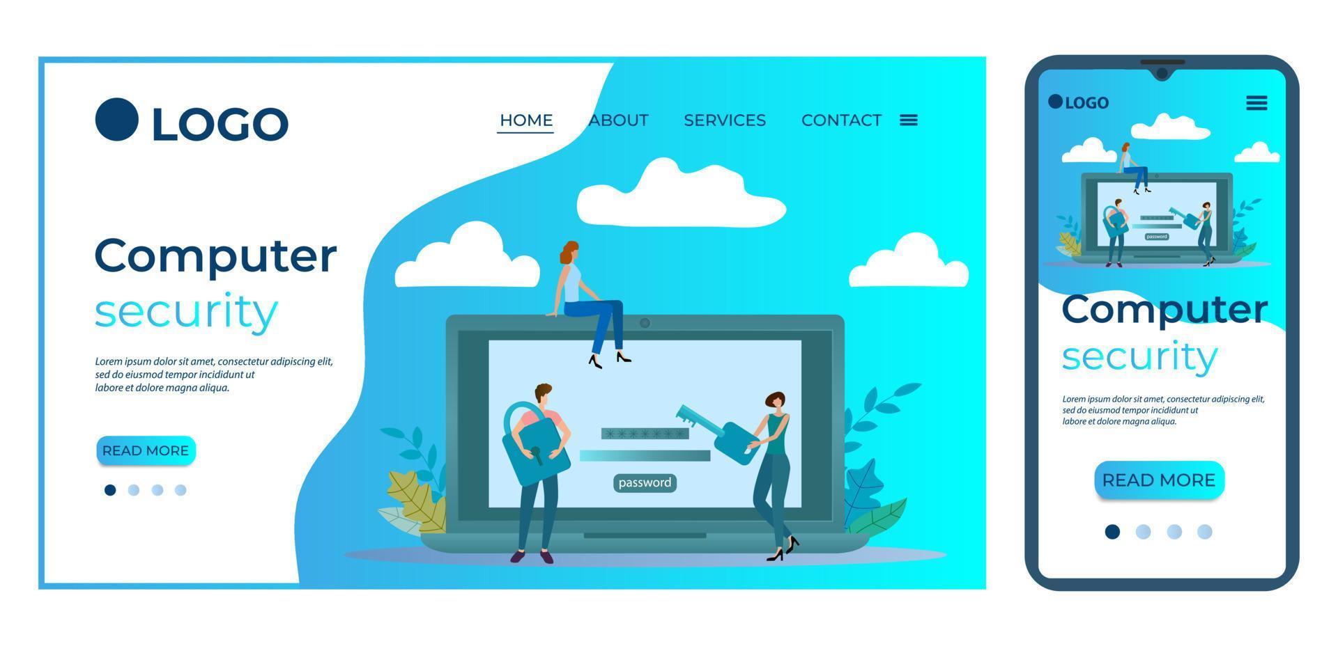Computersicherheit. Vorlage für die Benutzeroberfläche der Homepage der Website. Zielseitenvorlage. Das adaptive Design des Smartphones. Vektorillustration. vektor