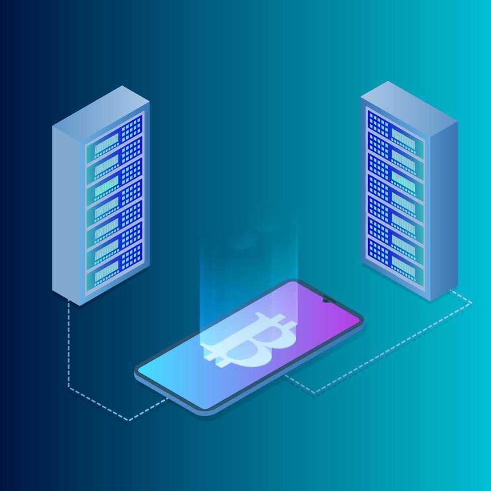 isometrische vektorillustration der bitcoin-produktion. kryptowährung und der technologie der produktion. digitale monetarisierung und investition in kryptowährungen. vektor