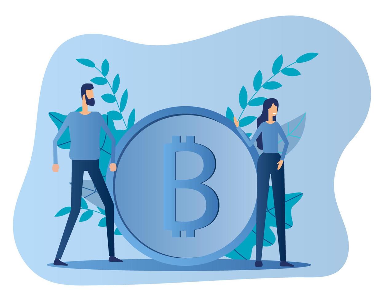 Ein Mann und eine Frau stehen in der Nähe der Bitcoin-Münze. konzept der kryptowährungsproduktion.flache vektorillustration. vektor