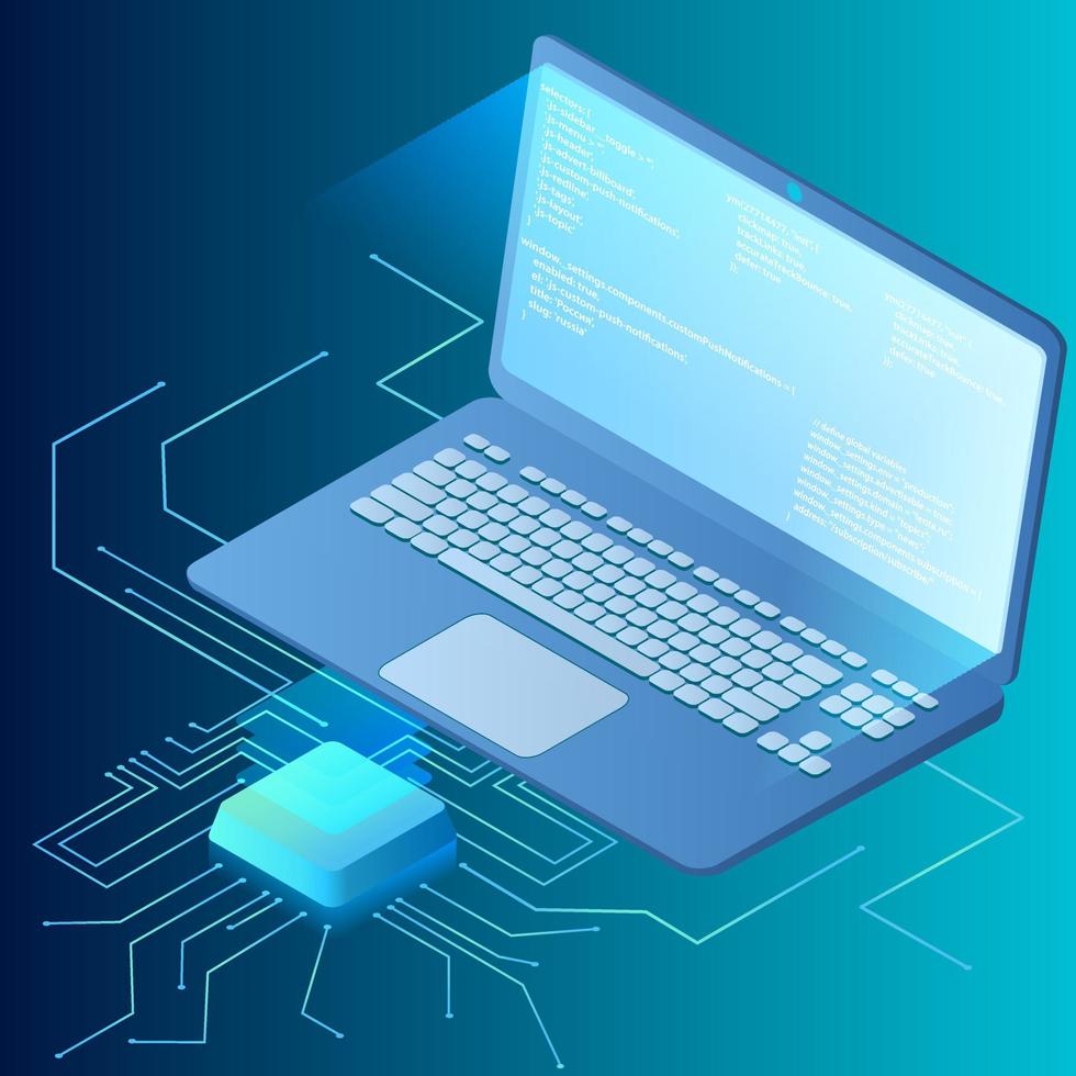 webb sida programvara utveckling.isometrisk bild av en bärbar dator med program koda och processor.the begrepp av en säkra anslutning.vektor illustration. vektor