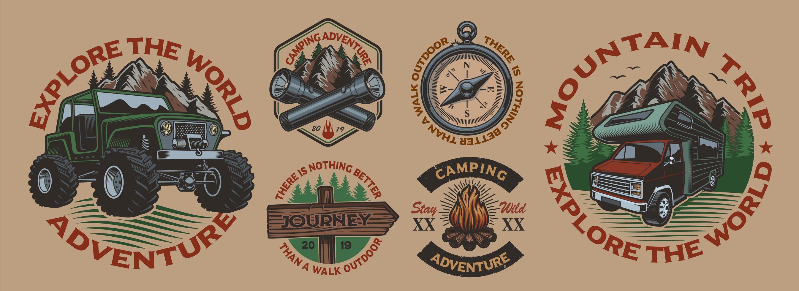 uppsättning färg vintage emblem med camping tema vektor