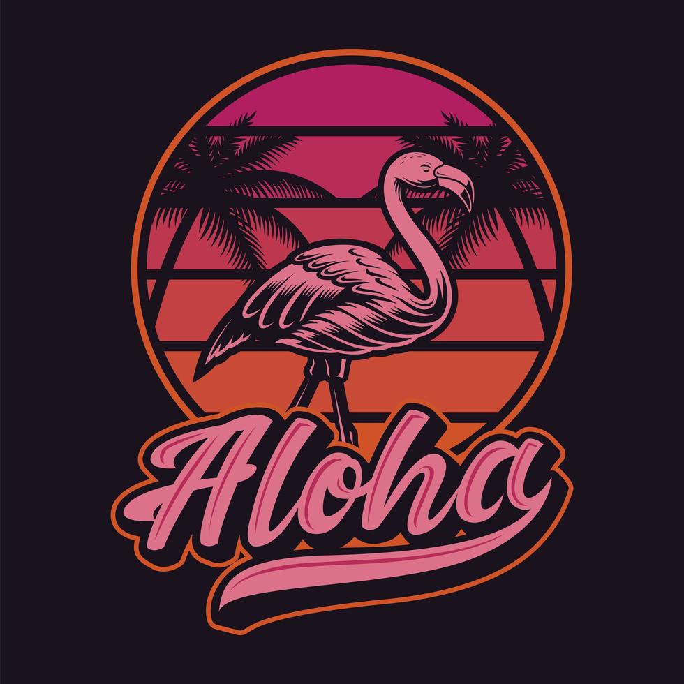 vintage solnedgång flamingo och aloha t-shirt design vektor