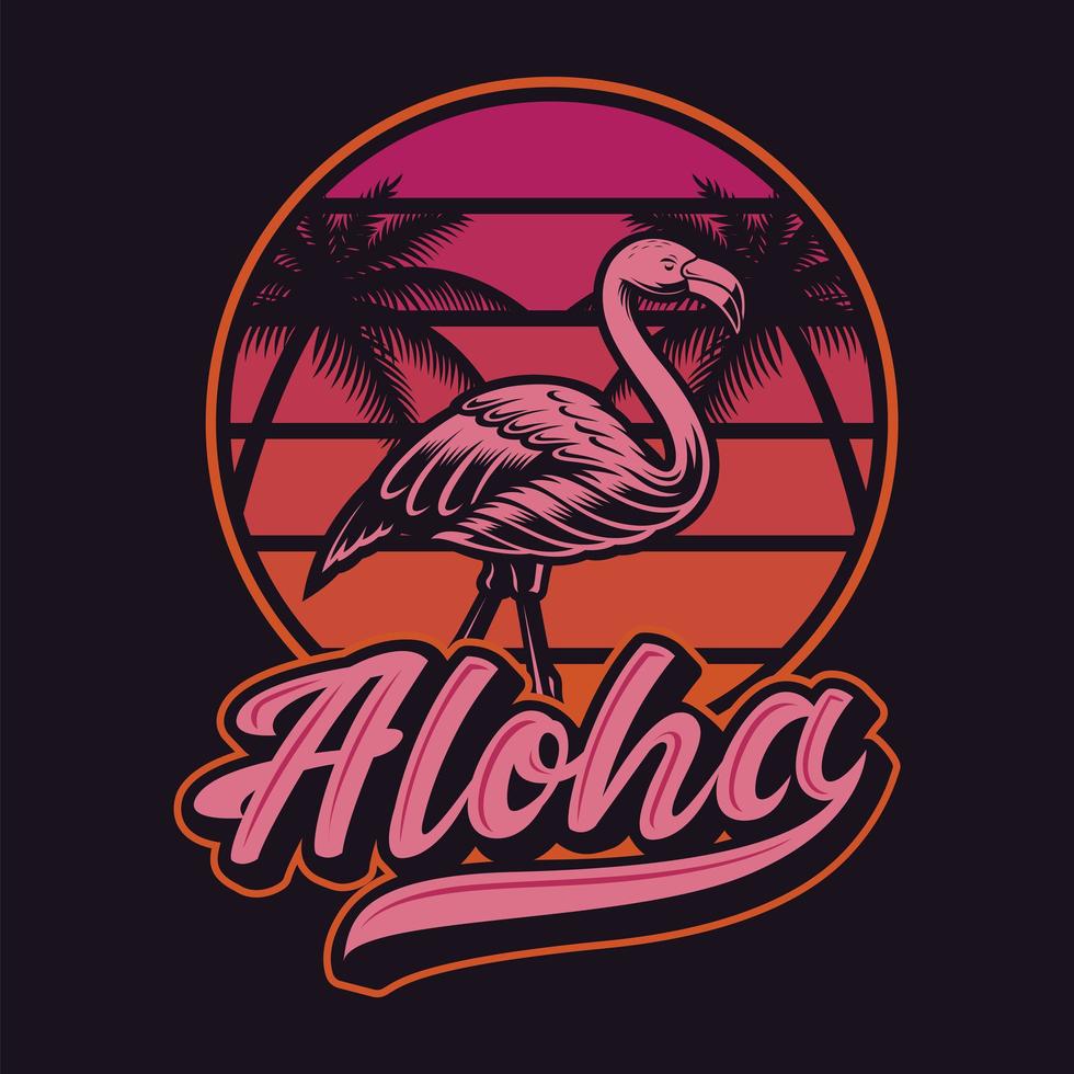 Vintage Sonnenuntergang Flamingo und Aloha T-Shirt Design vektor