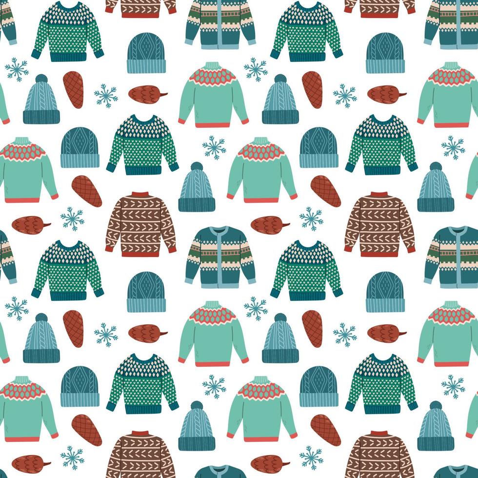 Winter Pullover Hüte Schneeflocken nahtlose Muster Vektor-Illustration vektor