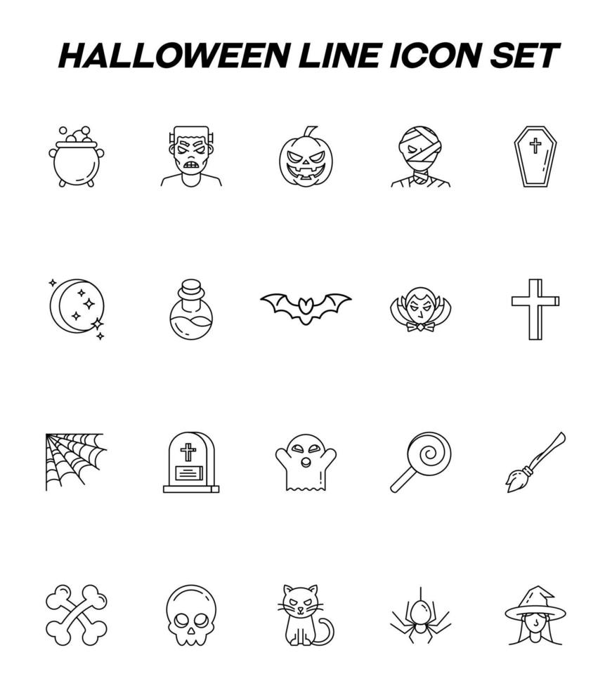 halloween begrepp. vektor linje ikon uppsättning. redigerbar stroke. tecken av trolldryck, zombie, pumpa. symboler av fladdermus, korsa, Spindel webb och Övrig element relaterad till Semester