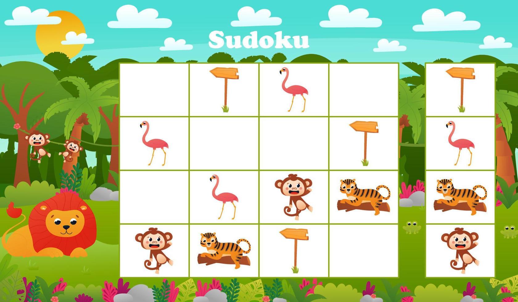 Kinder-Sudoku-Spiel mit Cartoon-Löwe und Tiger im Dschungel. Rätsel mit tropischen Tierfiguren vektor