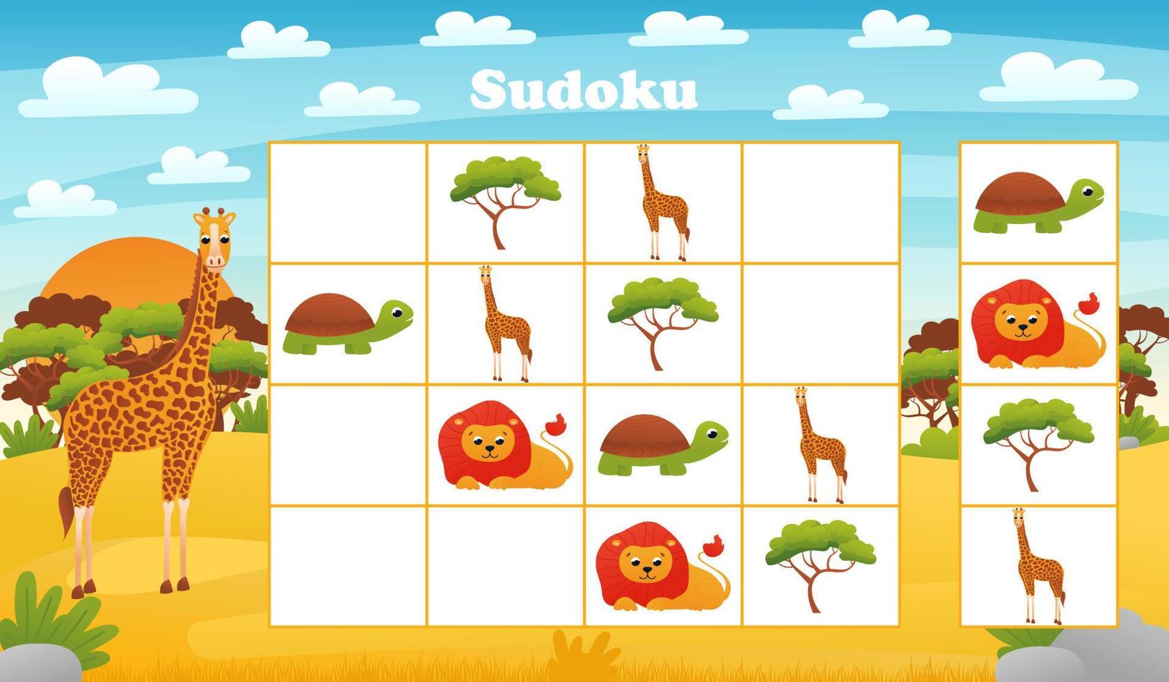 Sudoku-Brettspiel für Kinder mit Cartoon-Giraffe und Löwe in der Wüste. Rätsel mit afrikanischen Tierfiguren vektor