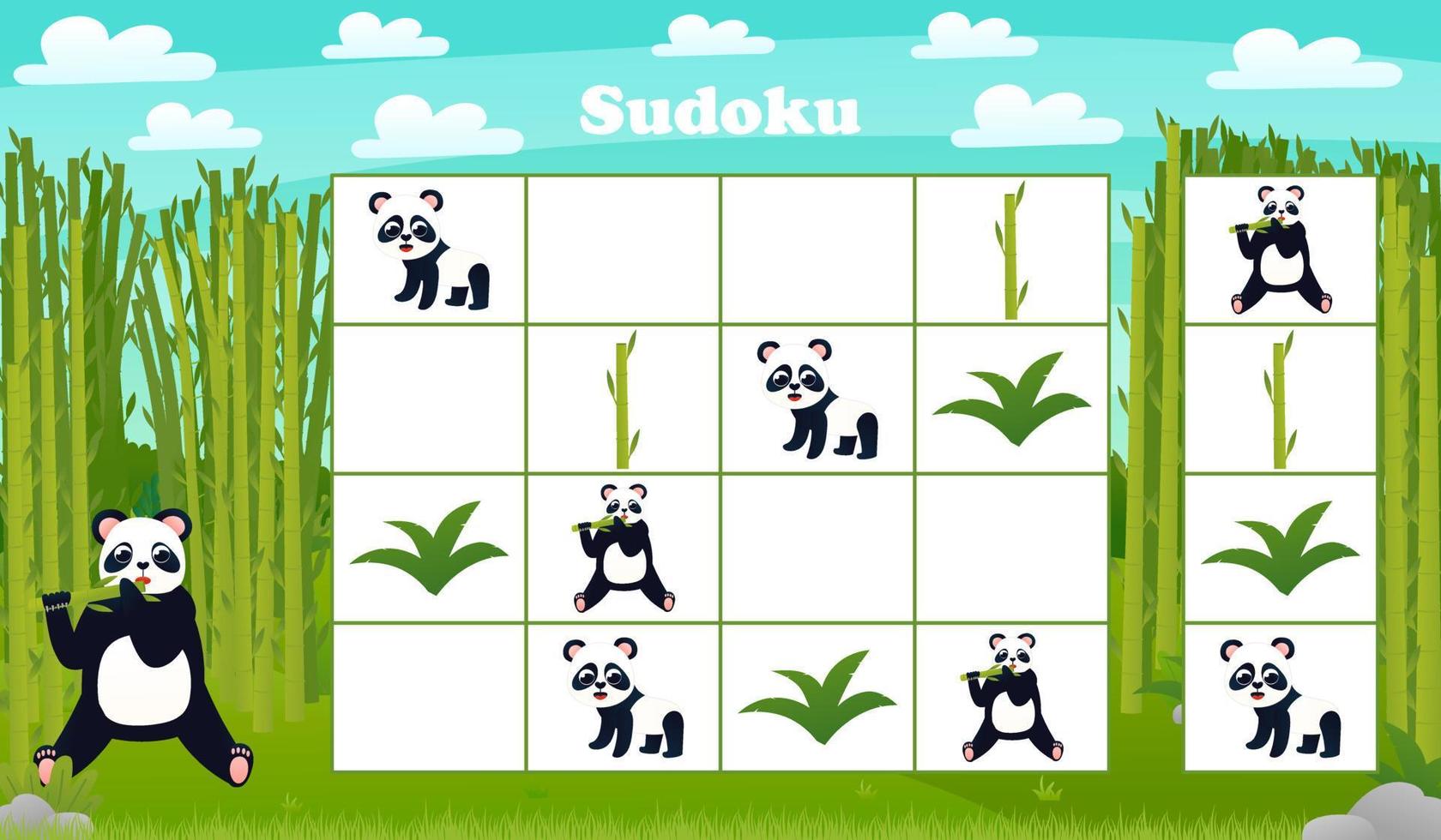 Kinder-Sudoku-Brettspiel mit Cartoon-Panda und Bambus im Wald. Rätsel mit Tierfiguren vektor