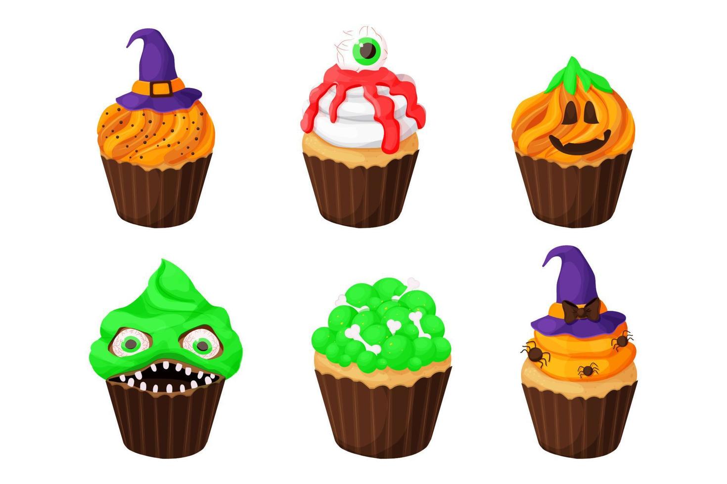 uppsättning muffin halloween monster efterrätt med skrämmande ansikte, tänder, ögon häxa hatt och pumpa i tecknad serie stil isolerat på vit bakgrund. vektor illustration