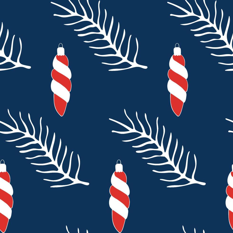 sömlös vektor mönster med en jul träd leksak och en träd gren på en blå bakgrund.