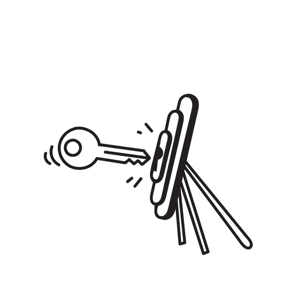 hand dragen klotter hand innehav nyckel mot dartboard nyckelhål illustration vektor