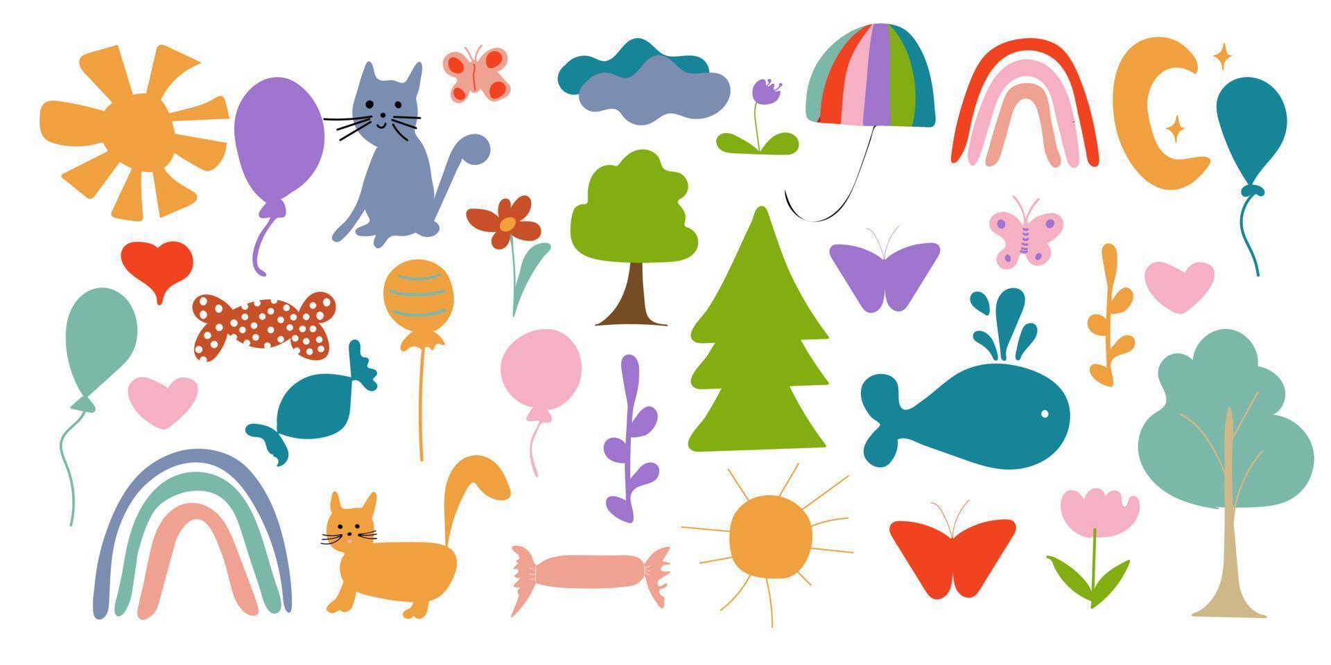 baby handgezeichnetes design für textilien, poster, karten. Kinderdesign aus Stoff. schöne Blumen, Regenbogen, Bälle und mehr vektor