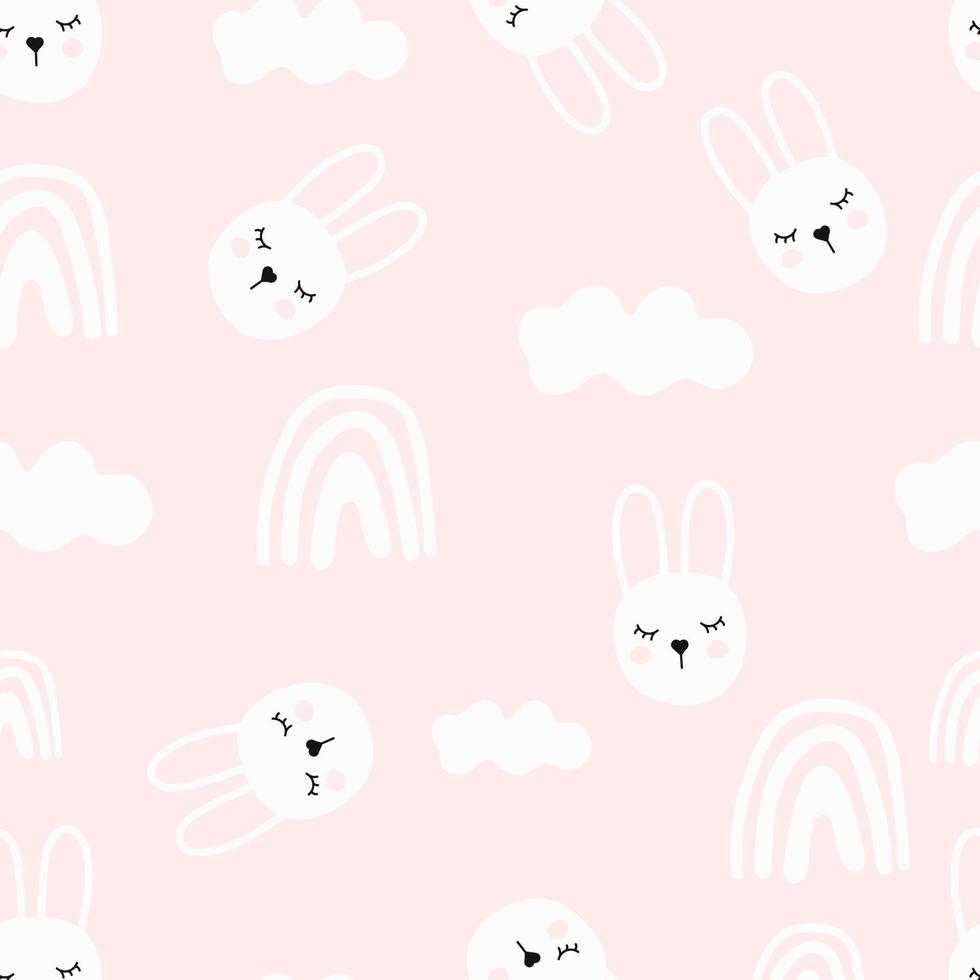 sömlös mönster söt ritad för hand kanin på en rosa bakgrund. vektor