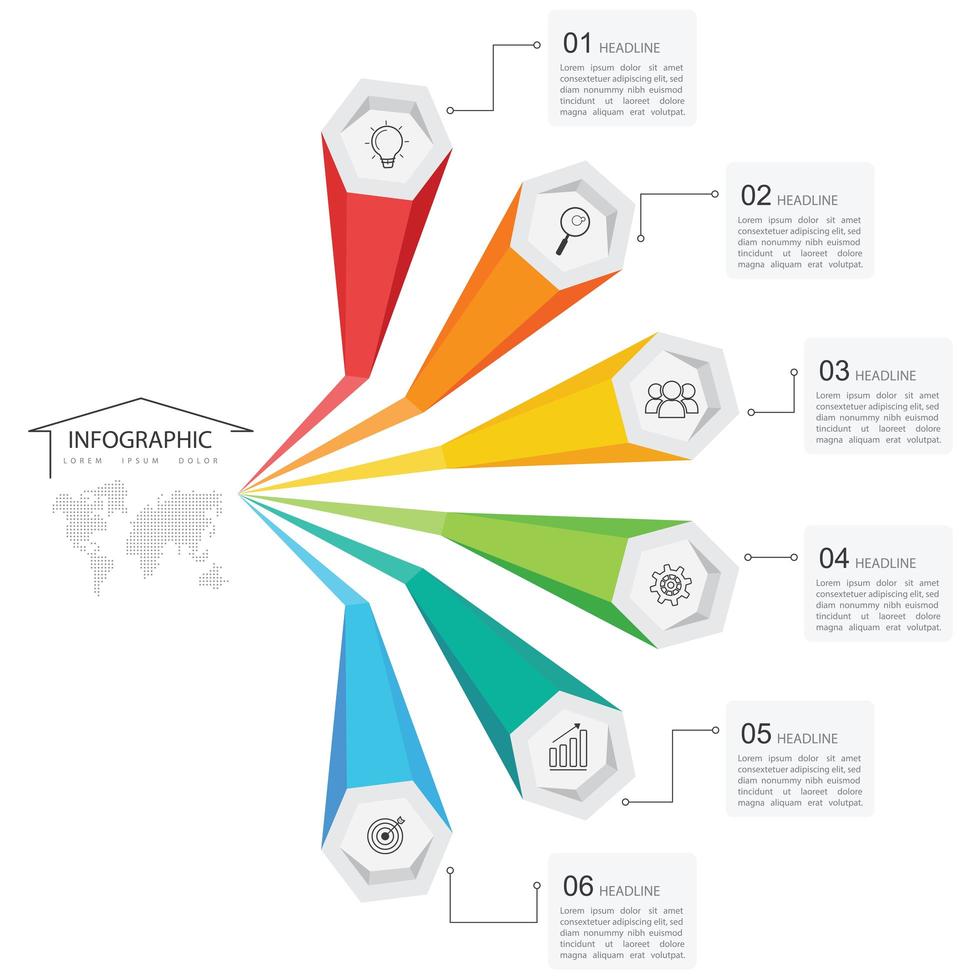 6 steg färgglada hexagon arm infographic vektor