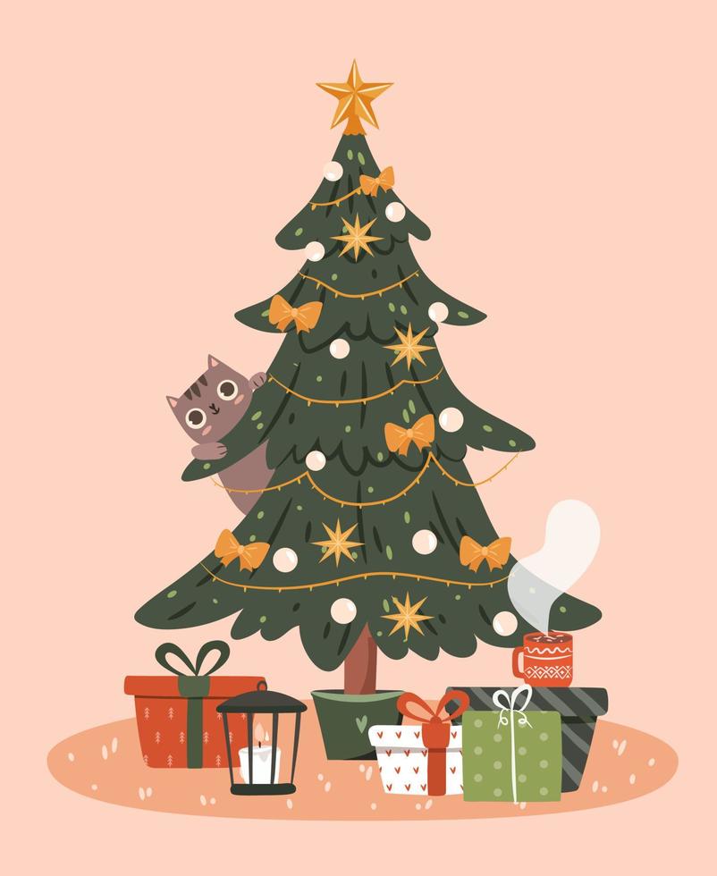 weihnachtsbaum mit präsentiert konzept. geschmückter baum mit verpackten geschenken, laterne, heißem getränk und lustiger katze. flache vektorillustration vektor