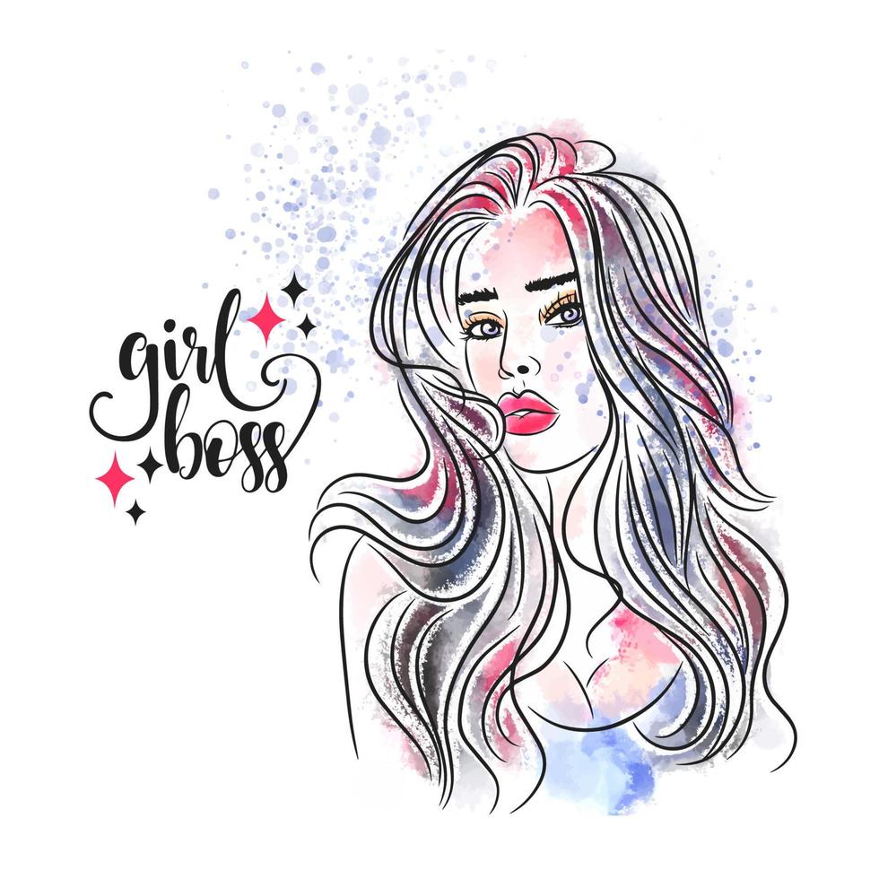 Boss Girl, handgeschriebene Zitate, schönes Mädchen, Aquarell vektor