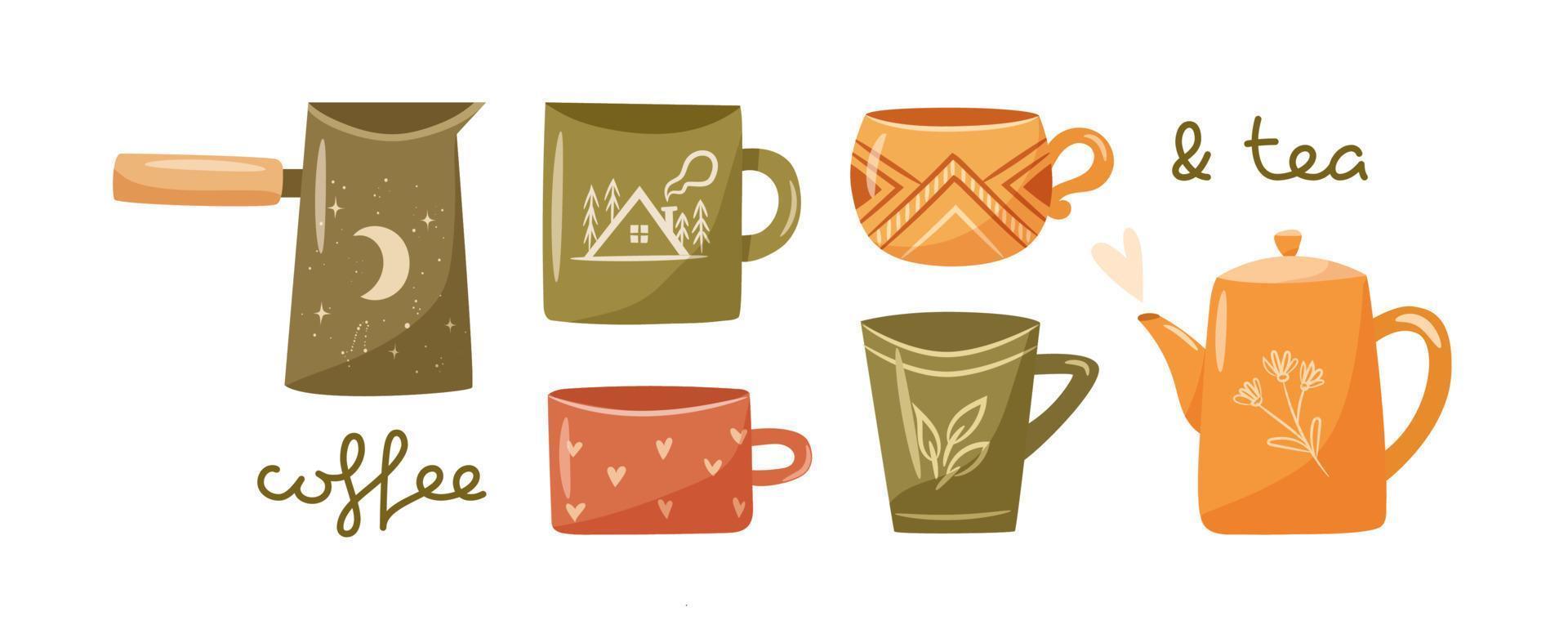 hygge koppar uppsättning. samling av söt mysigt kaffe och te koppar, tekanna, cezve. platt vektor illustration