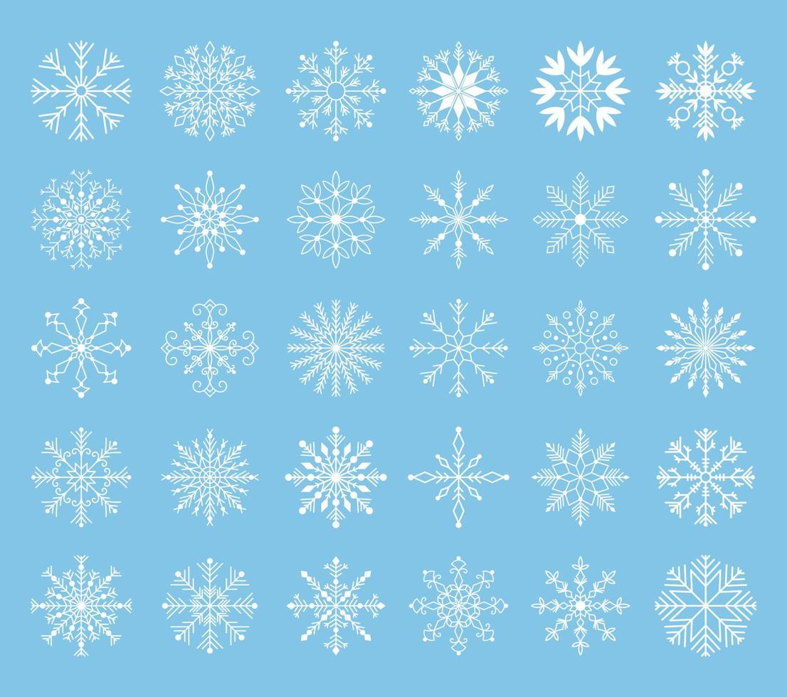 hand dragen uppsättning av jul linje konst snöflinga. ny år vit is kristall illustration. abstrakt klotter teckning vinter- symbol. jul logotyp tecken vektor