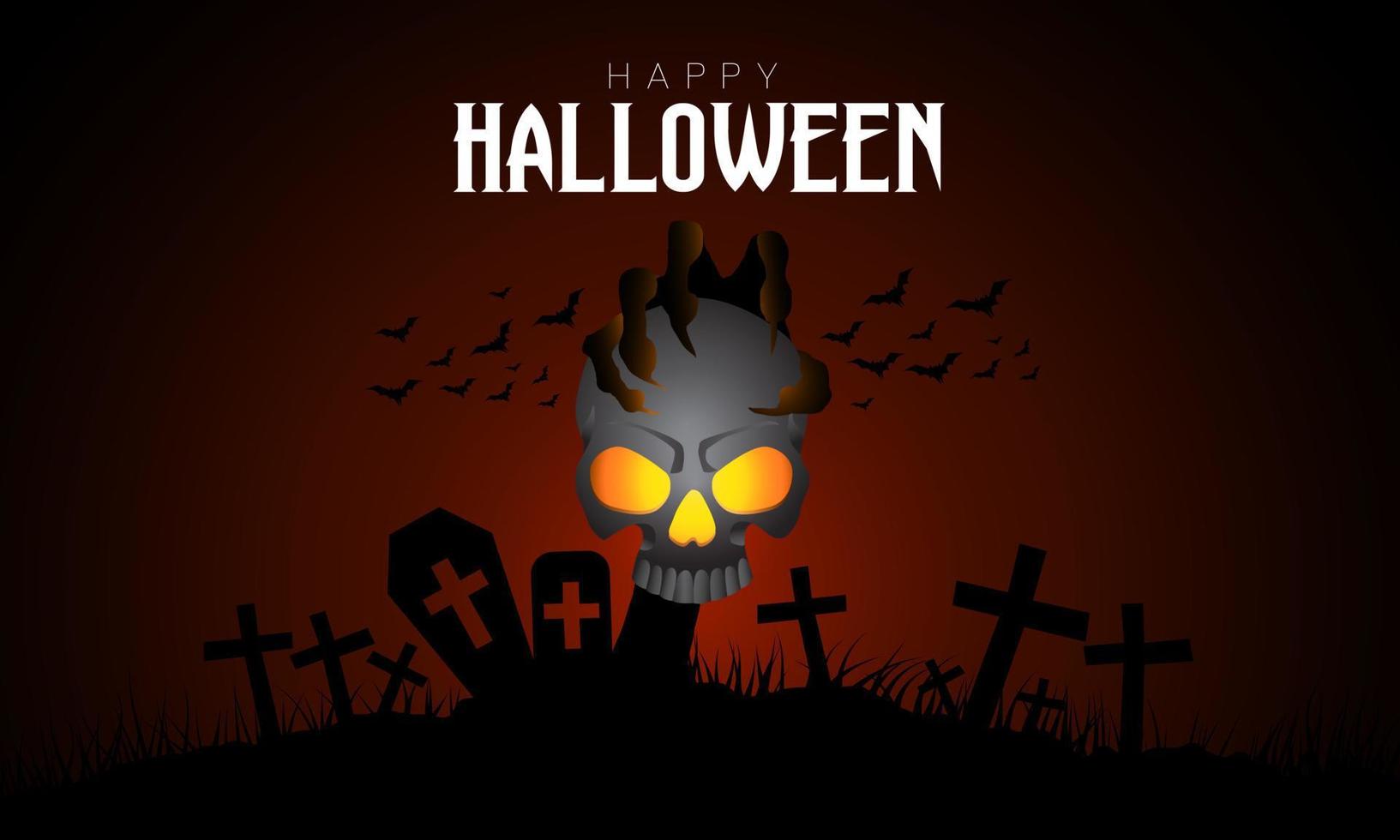 Happy Halloween gruseliger Hintergrund Geisterhand, die den Schädel auf dem Friedhof hält. vektor