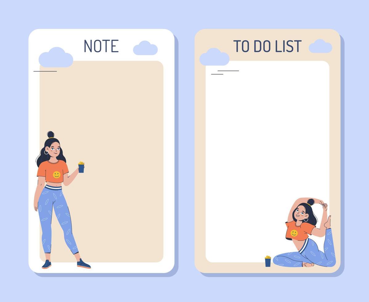 en samling av varje vecka eller dagligen planerare, notera papper, att göra lista, klistermärke mallar dekorerad med söt illustrationer av en sportig flicka. modern sporter planerare eller arrangör. platt vektor illustration