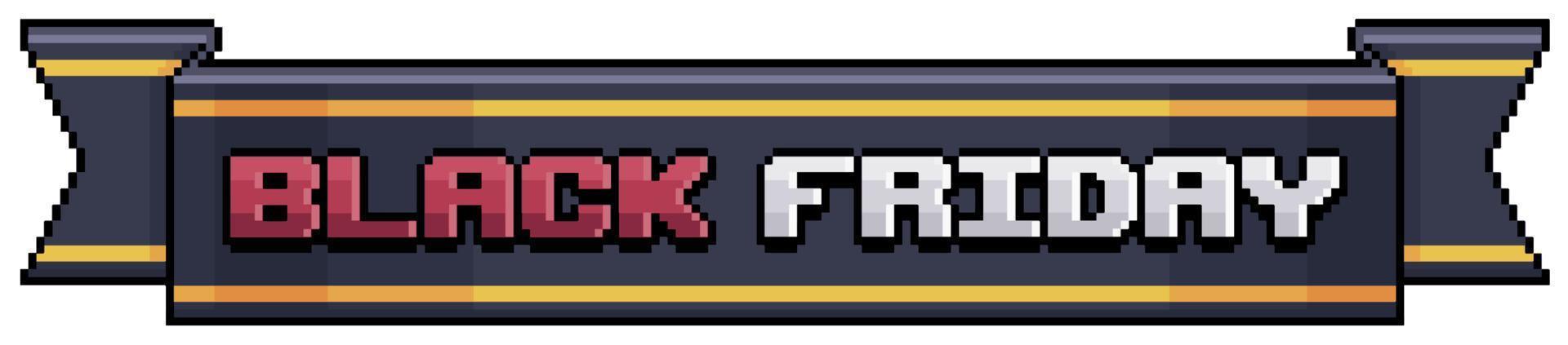 Pixelkunst schwarzer Freitag auf schwarzem Band, rot-weißes schwarzes Freitag-Logo-Vektorsymbol für 8-Bit-Spiel auf weißem Hintergrund vektor