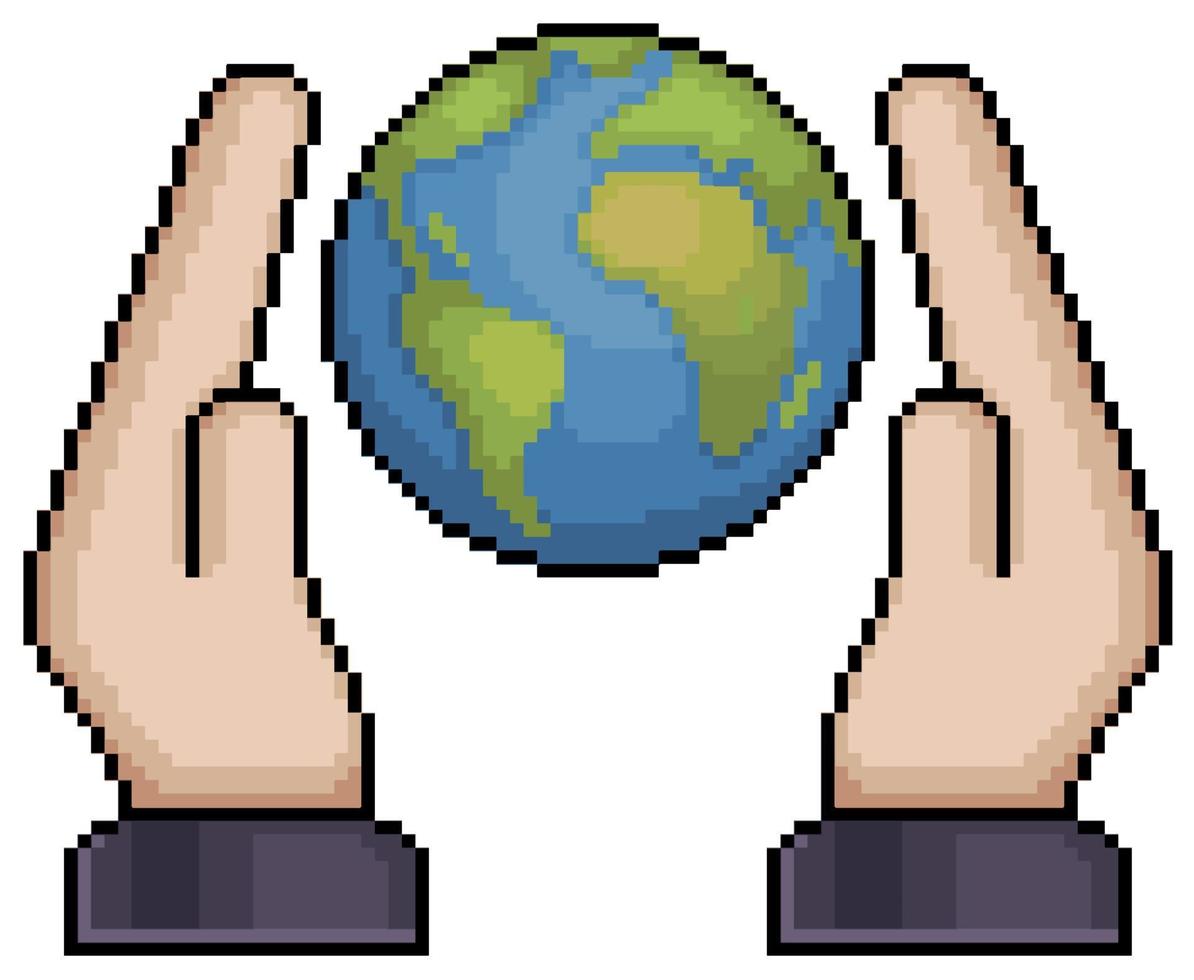 Pixelkunsthände, die Planetenerde-Vektorsymbol für 8-Bit-Spiel auf weißem Hintergrund halten vektor
