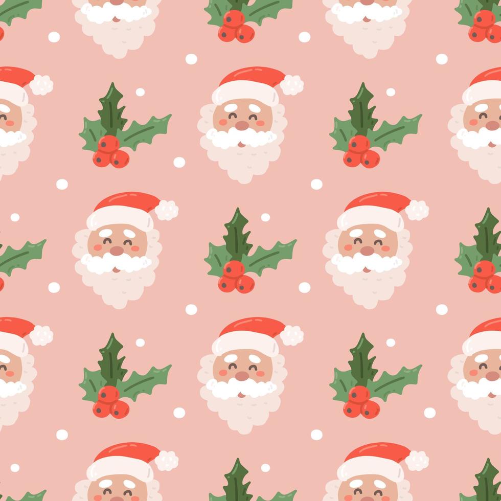 glad santa ansikte med järnek på rosa bakgrund med snöflingor, vektor sömlös jul mönster