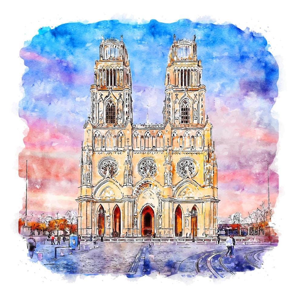 orleans kathedrale frankreich aquarellskizze handgezeichnete illustration vektor