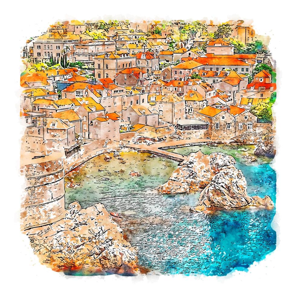 dubrovnik kroatien vattenfärg skiss hand dragen illustration vektor