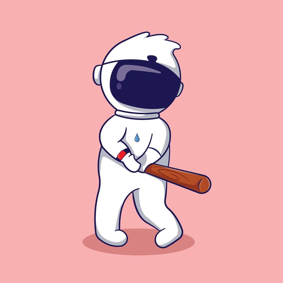 Chibi-Astronaut, der beim Schwingen einen Baseballschläger hält vektor