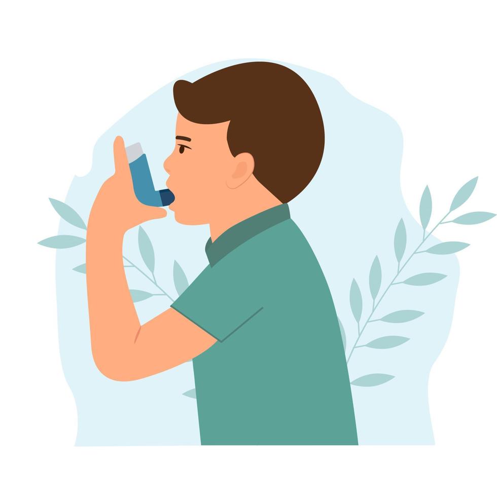 kleiner Junge verwendet einen Asthma-Inhalator gegen Angriff. Weltasthmatag. allergie, asthma bronchiale kids.vector illustration vektor