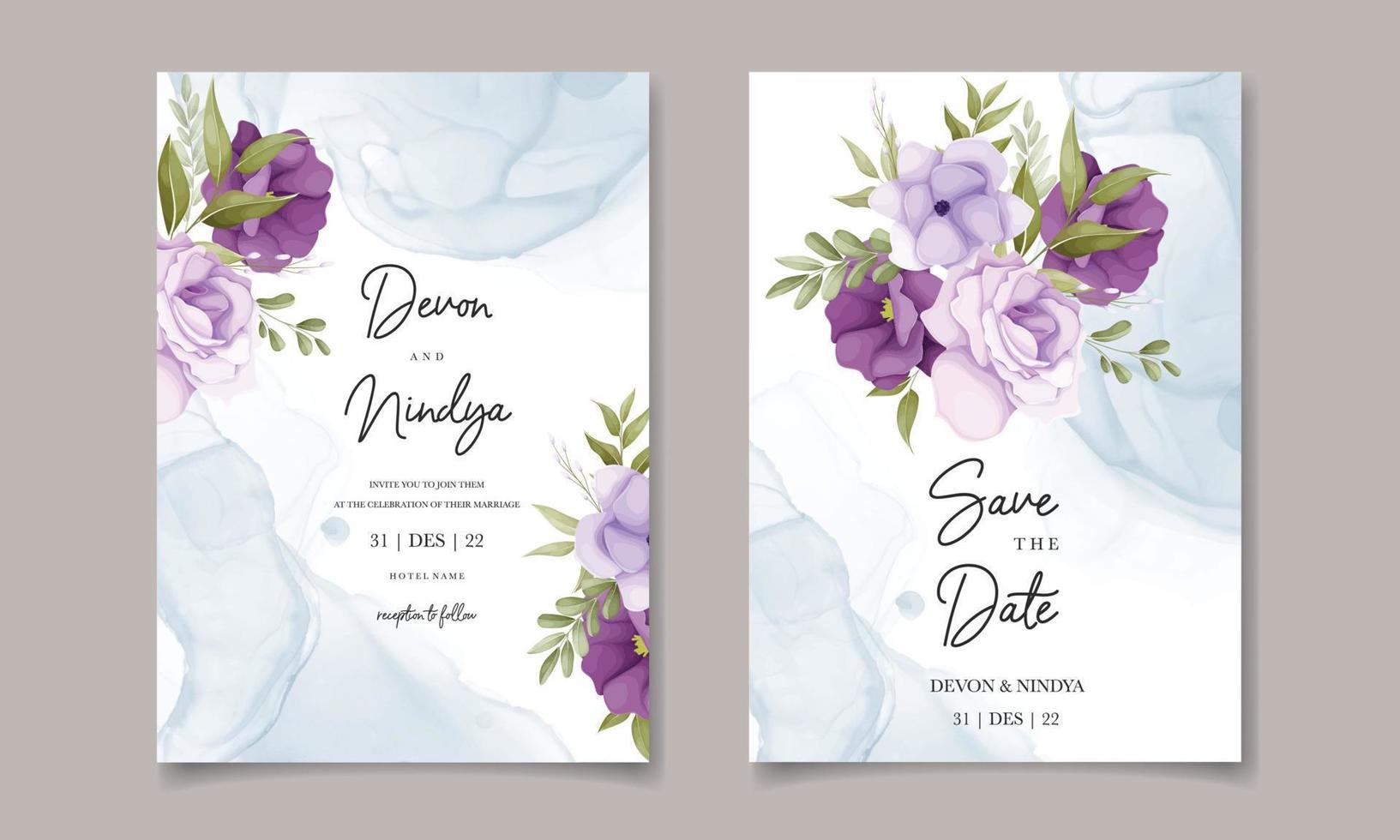 skön lila blomma bröllop inbjudan kort design vektor