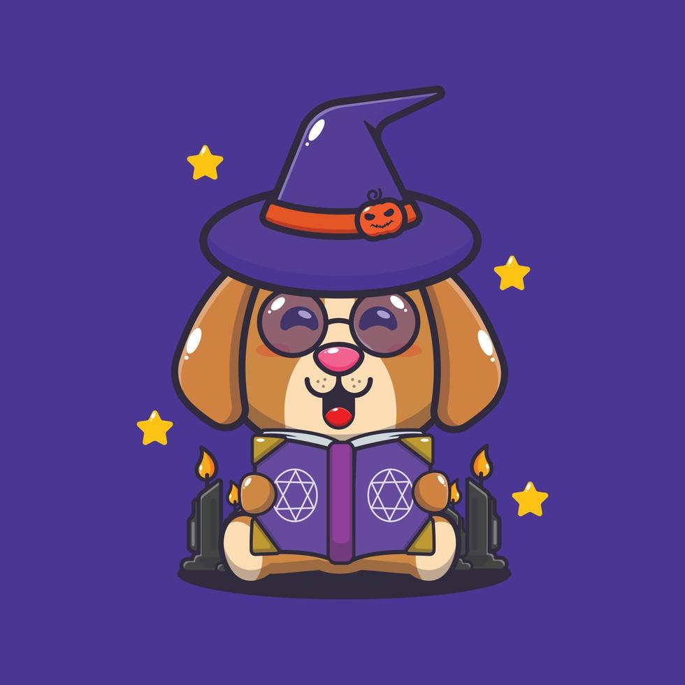 söt häxa hund läsning stava bok. söt halloween tecknad serie illustration. vektor