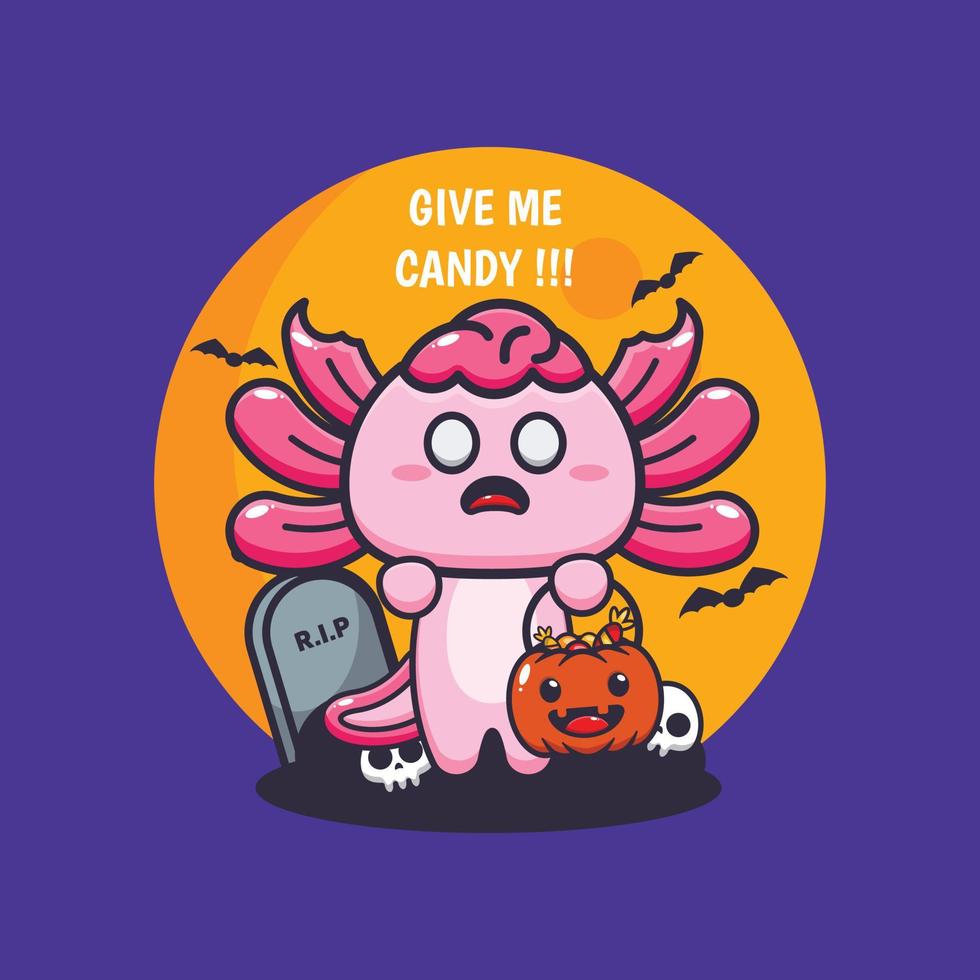 söt zombie axolotl vilja godis. söt halloween tecknad serie illustration. vektor