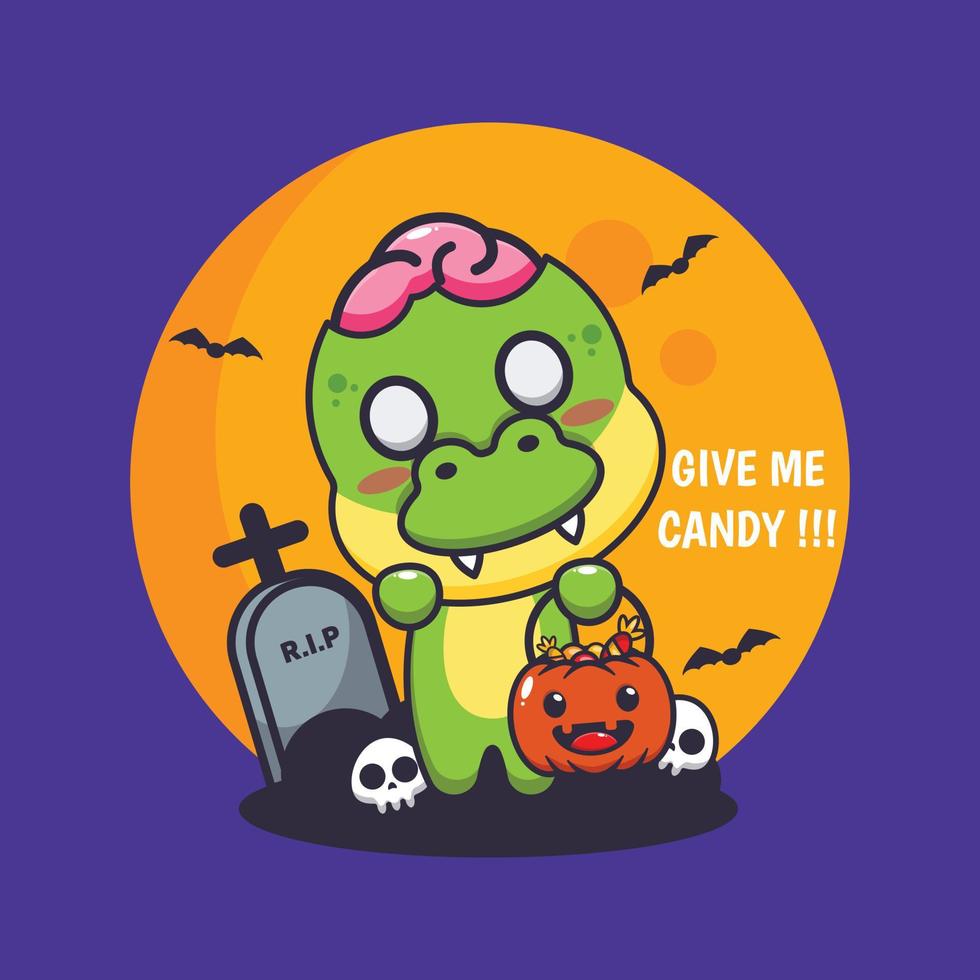 süßer zombie dino will süßigkeiten. niedliche halloween-karikaturillustration. vektor