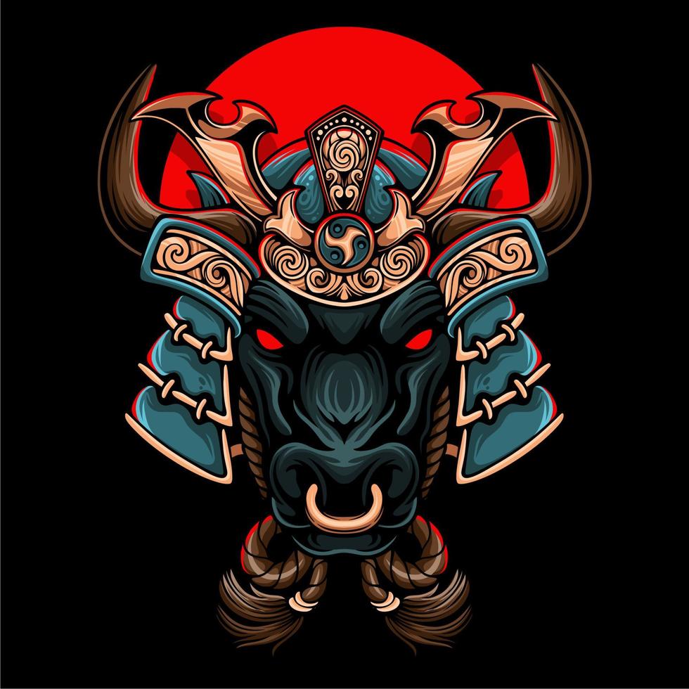 färgrik de tjur bär japansk samuraj hjälm med träsnideri och rep runt om hans nacke på cirkel bakgrund vektor
