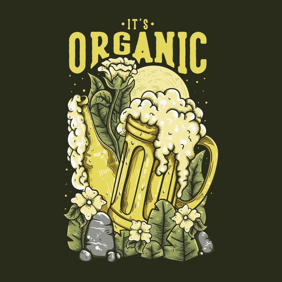 t-shirt-design ist bio mit bunter bierflasche und einem glas bärenweinleseillustration vektor