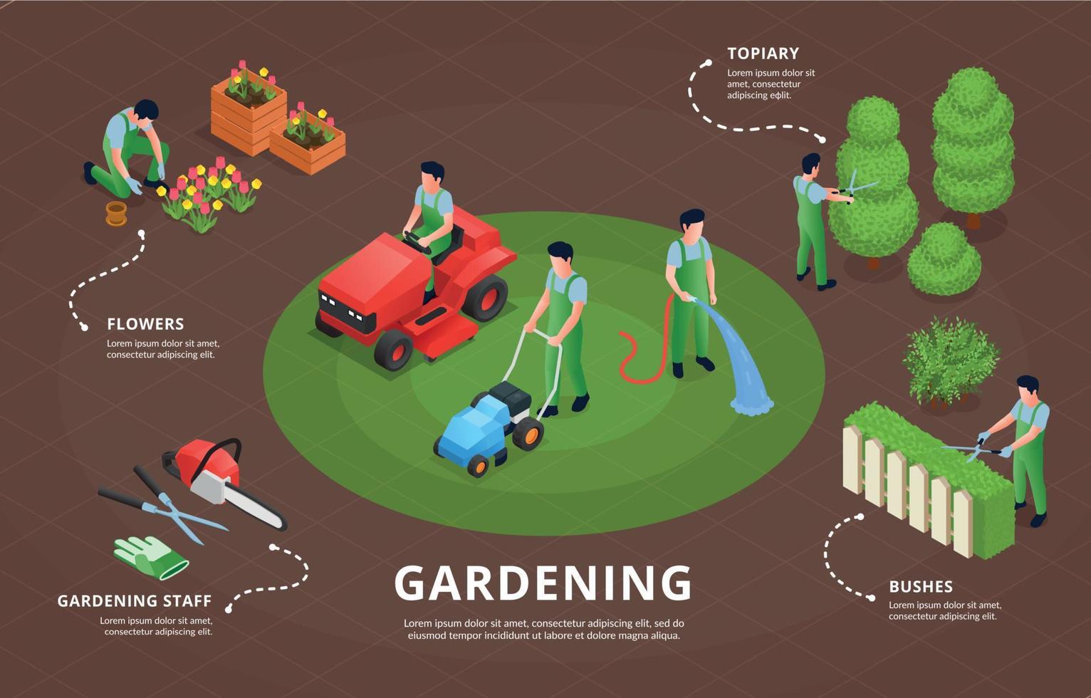 isometrischer infografikhintergrund der gartenarbeit vektor