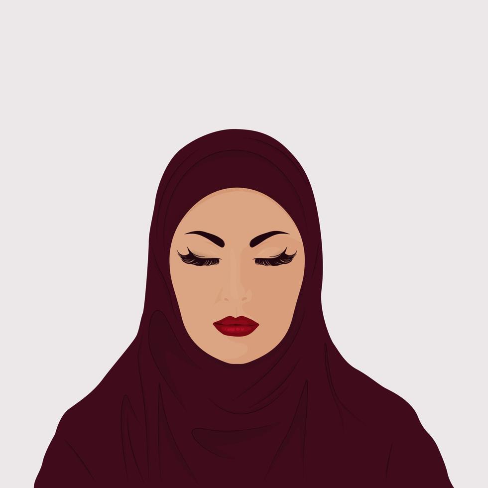 muslim kvinna i hijab. porträtt av en ung kvinna med smink i traditionell klänning. tecknad serie stil. vektor illustration