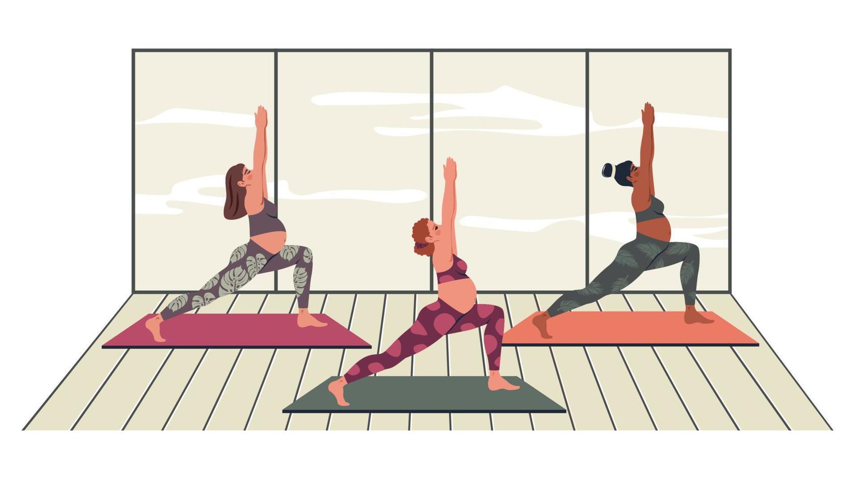 Schwangere praktizieren Yoga. zukünftige Mütter verschiedener Nationalitäten, die Übungen, Meditation, Pilates, Atemübungen im Yoga-Kurs machen. weibliche figur beim gruppentraining. Vektor-Illustration vektor