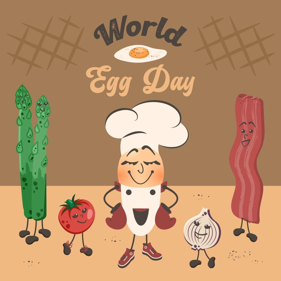 värld ägg dag. söt rolig ägg med tecknad serie komisk grönsaker och bacon. Lycklig tecknad serie tecken firar. vektor platt illustration för affisch, meny, Kafé, restaurang, mellanmål bar, kort