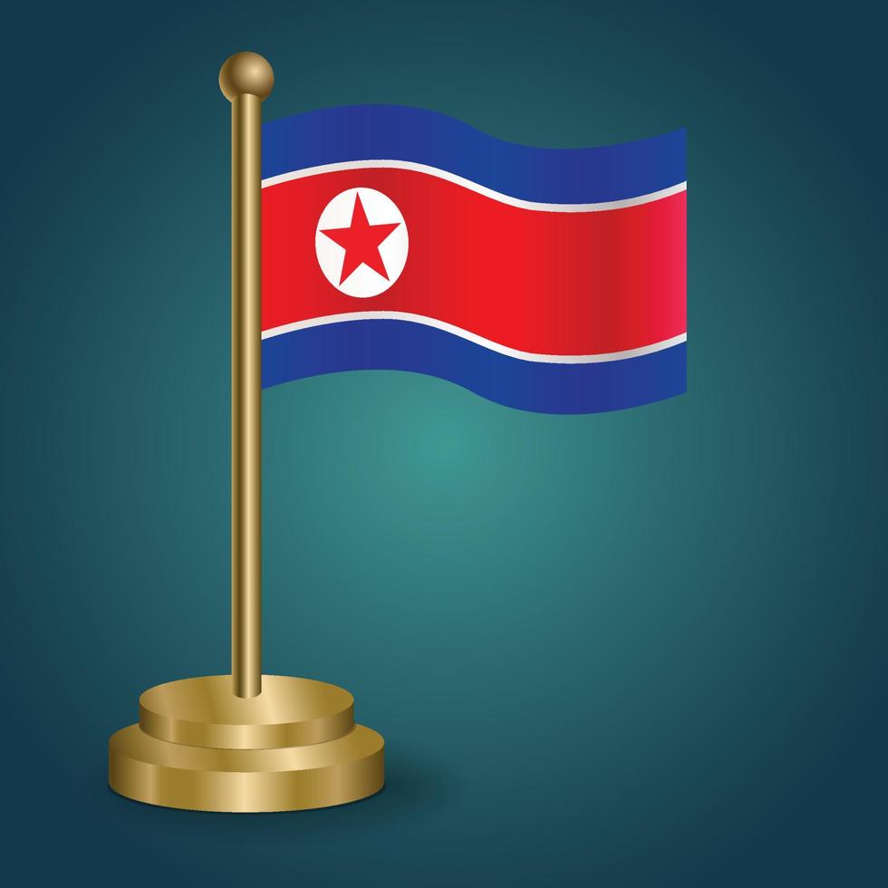 Nordkoreas Nationalflagge auf goldenem Pol auf abgestuftem, isoliertem dunklem Hintergrund. Tischfahne, Vektorillustration vektor